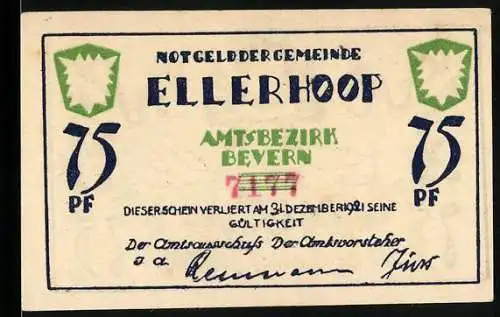 Notgeld Ellerhoop, 1921, 75 Pf, Amtsbezirk Bevern, Kühe und Schiffe Motiv