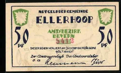 Notgeld Ellerhoop, 1921, 50 Pf, Amtsbezirk Bevern, Windmühle und Verzierung