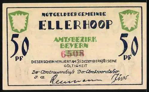 Notgeld Ellerhoop, 1921, 50 Pf, Segelschiffe und Amtsbezirk Bevern