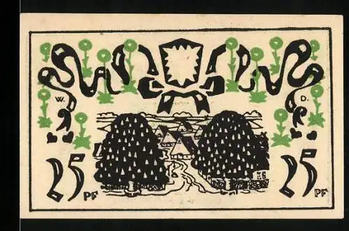 Notgeld Ellerhoop, 1921, 25 Pf, Amtsbezirk Bevern, grüne und schwarze Ornamente, Landschaft mit Häusern