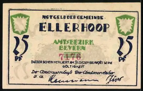 Notgeld Ellerhoop, 1921, 25 Pf, Amtsbezirk Bevern, grüne und schwarze Ornamente, Landschaft mit Häusern