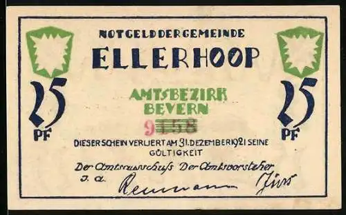 Notgeld Ellerhoop, 1921, 25 Pf, Amtsbezirk Bevern, Zug und landwirtschaftliche Szene, grün und schwarz