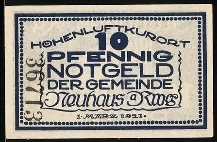 Notgeld Neuhaus a. Rwg, 1921, 10 Pfennig, Hohenluftkurort, Trinkender Mann am Wasser