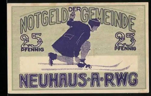 Notgeld Neuhaus a. RWG, 25 Pfennig, Skifahrer und Gemeindevorstand, Seriennummer 19854