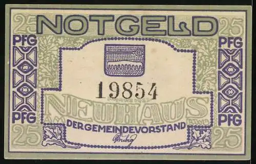 Notgeld Neuhaus a. RWG, 25 Pfennig, Skifahrer und Gemeindevorstand, Seriennummer 19854