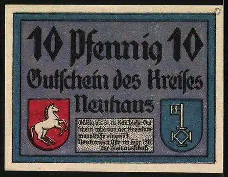 Notgeld Neuhaus, 1921, 10 Pfennig, Gutschein des Kreises mit Wappen und Frau mit Eimern