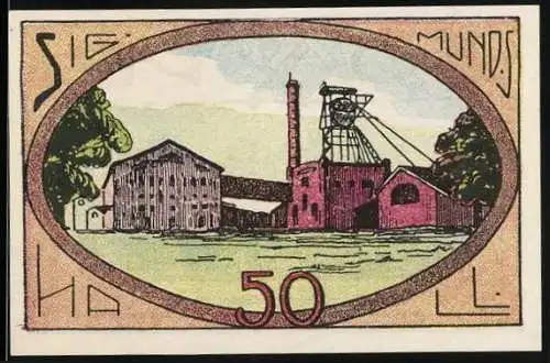 Notgeld Neustadt / Rübenberge, 1921, 50 Pfennig, Sigmundshall Bergwerk und Gültigkeitsvermerk