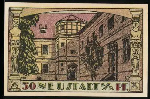 Notgeld Neustadt, 1921, 50 Pf, historische Gebäude und Gültigkeit bis 1923