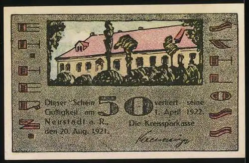 Notgeld Neustadt, 1921, 50 Pf, historische Gebäude und Gültigkeit bis 1923