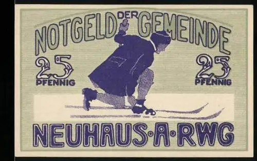 Notgeld Neuhaus am Rennweg 1921, 25 Pfennig, Skifahrer Motiv und Gemeindewappen