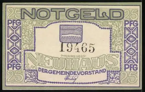 Notgeld Neuhaus am Rennweg 1921, 25 Pfennig, Skifahrer Motiv und Gemeindewappen