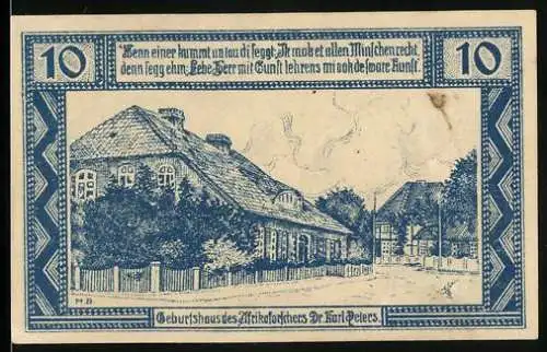 Notgeld Neuhaus an der Elbe, 1921, 10 Pfennig, Geburtshaus des Afrikaforschers Dr. Karl Peters