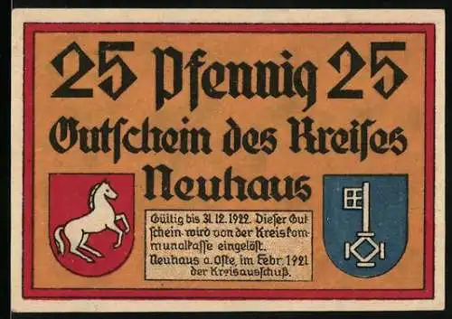 Notgeld Neuhaus, 1921, 25 Pfennig, Gutschein des Kreises mit Wappen und Bauernhaus Abbildung