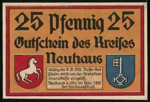 Notgeld Neuhaus 1921, 25 Pfennig, Gutschein des Kreises Neuhaus mit Bauernhaus und Wappen