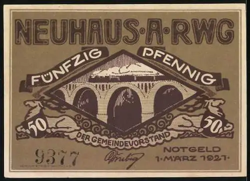 Notgeld Neuhaus am Rennweg, 1921, 50 Pfennig, Kutsche und Brücke, beige und braun