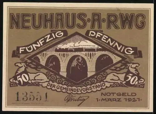 Notgeld Neuhaus am Rennweg, 1921, 50 Pfennig, Postkutsche und Brücke