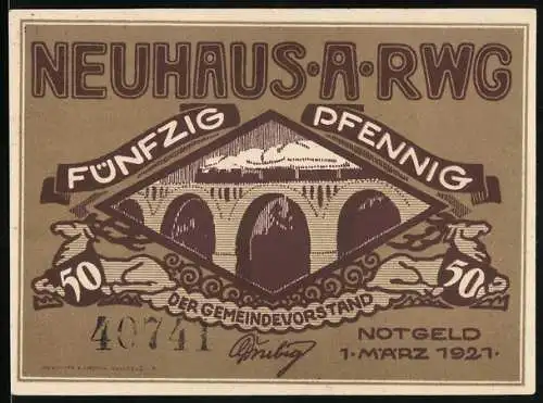 Notgeld Neuhaus am Rennweg, 1921, 50 Pfennig, Brücke und Pferdekutsche