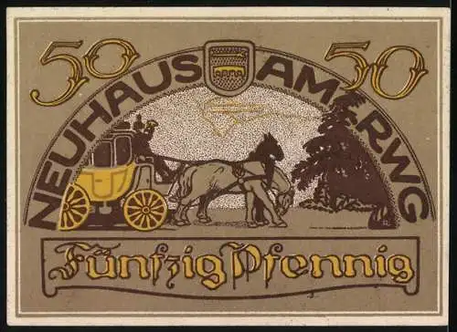 Notgeld Neuhaus am Rennweg, 1921, 50 Pfennig, Brücke und Pferdekutsche