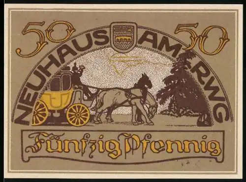 Notgeld Neuhaus am Rennweg, 1921, 50 Pfennig, Postkutsche und Brücke mit Wappen