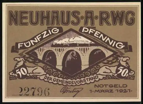 Notgeld Neuhaus am Rennweg, 1921, 50 Pfennig, Postkutsche und Brücke mit Wappen