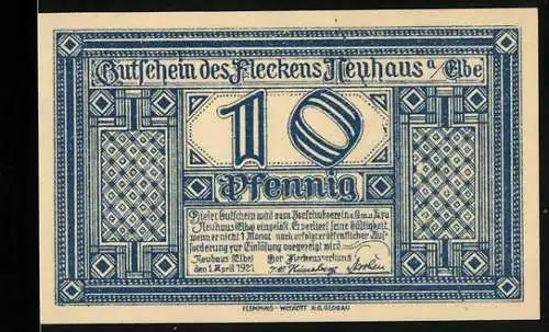 Notgeld Neuhaus an der Elbe, 1921, 10 Pfennig, blaues Design mit Gebäude und Spruch