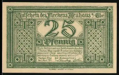 Notgeld Neuhaus an der Elbe, 1921, 25 Pfennig, Grünes Design mit Eichen und Landschaft