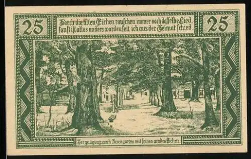 Notgeld Neuhaus an der Elbe, 1921, 25 Pfennig, Vergnügungspark Rosengarten mit seinen uralten Eichen