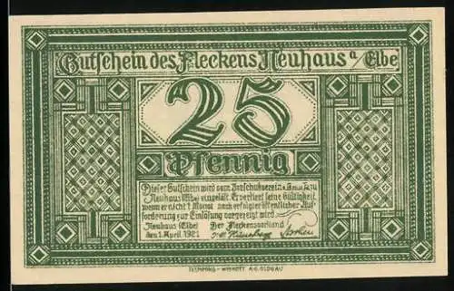 Notgeld Neuhaus Elbe, 1921, 25 Pfennig, grün mit Eichenmotiv und deutscher Inschrift