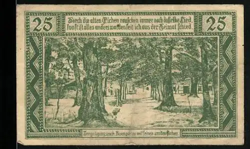 Notgeld Neuhaus an der Elbe 1921, 25 Pfennig, Alte Eichen und Dorfansicht, Gutschein des Fleckens