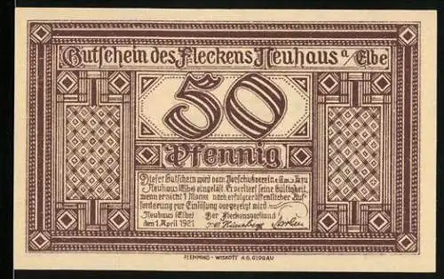 Notgeld Neuhaus a. d. Elbe 1921, 50 Pfennig, Burg Neuhaus 14. Jahrhundert und Zitat