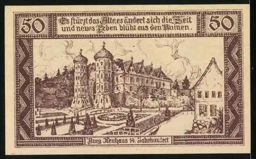 Notgeld Neuhaus a. d. Elbe 1921, 50 Pfennig, Burg Neuhaus 14. Jahrhundert und Zitat