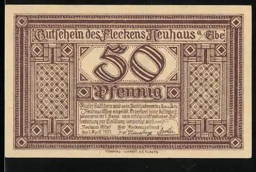 Notgeld Neuhaus an der Elbe 1921, 50 Pfennig, Burg Neuhaus 14. Jahrhundert und Zitat über Zeitwandel