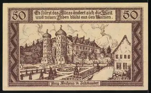 Notgeld Neuhaus an der Elbe 1921, 50 Pfennig, Burg Neuhaus 14. Jahrhundert und Zitat über Zeitwandel