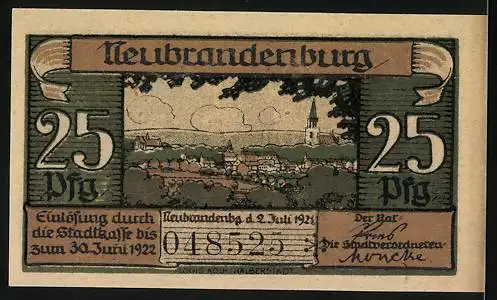 Notgeld Neubrandenburg, 1921, 25 Pfennig, Ansicht der Kirche und Stadtansicht mit Unterschriften