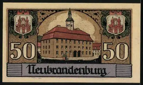 Notgeld Neubrandenburg, 1921, 50 Mark, Stadtansichten und Wappen, Seriennummer 48772