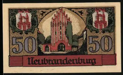 Notgeld Neubrandenburg, 1921, 50 Pfennig, Borderstadt Neubrandenburg mit Kirchenabbildung und Stadtwappen, Seriennummer