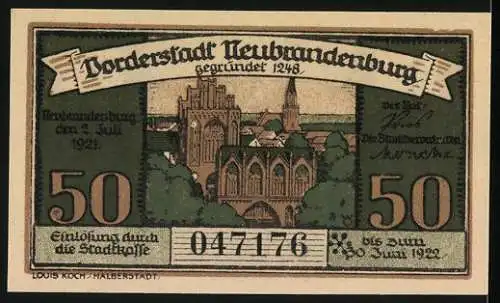 Notgeld Neubrandenburg, 1921, 50 Pfennig, Borderstadt Neubrandenburg mit Kirchenabbildung und Stadtwappen, Seriennummer