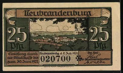 Notgeld Neubrandenburg, 1921, 25 Pfennig, Kirchenansicht und Stadtlandschaft