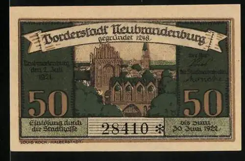 Notgeld Neubrandenburg, 1921, 50 Pfennig, Stadtansicht mit Kirche und Rathaus, Seriennummer 28410