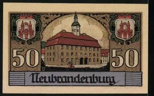 Notgeld Neubrandenburg, 1921, 50 Pfennig, Stadtansicht mit Kirche und Rathaus, Seriennummer 28410