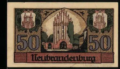 Notgeld Neubrandenburg, 1921, 50 Pfennig, illustriert mit Stadtansichten und Gründungsdatum 1248