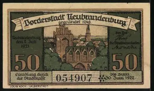 Notgeld Neubrandenburg, 1921, 50 Pfennig, illustriert mit Stadtansichten und Gründungsdatum 1248