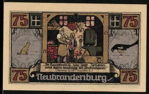 Notgeld Neubrandenburg 1921, 75 Pfennig, Handwerker und Gasthaus-Szene