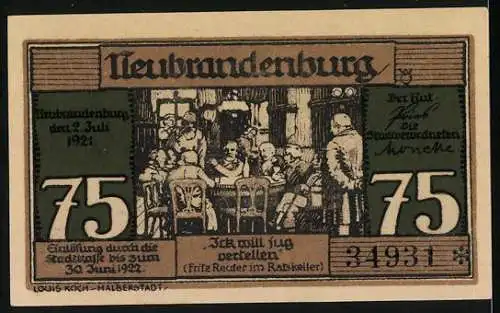 Notgeld Neubrandenburg 1921, 75 Pfennig, Handwerker und Gasthaus-Szene