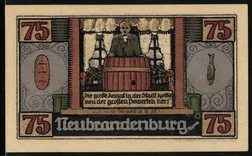 Notgeld Neubrandenburg, 1921, 75 Pfennig, Illustration eines Mannes an einem Fass und einer Gruppe in einem Ratskeller