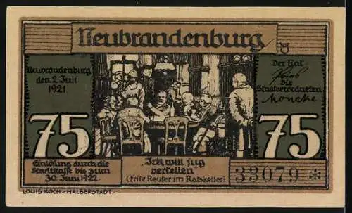 Notgeld Neubrandenburg, 1921, 75 Pfennig, Illustration eines Mannes an einem Fass und einer Gruppe in einem Ratskeller