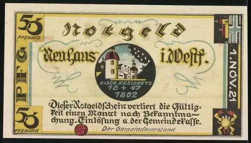 Notgeld Neuhaus 1921, 50 Pfennig, Historische Postkutsche und Bischofsresidenz 1802