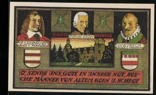 Notgeld Neuhaus, 1921, drei Mark, Porträts von Bischöfen und Schloss Neuhaus, Bischöfliche Residenz 1247-1802