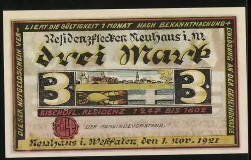 Notgeld Neuhaus, 1921, drei Mark, Porträts von Bischöfen und Schloss Neuhaus, Bischöfliche Residenz 1247-1802