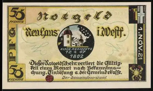 Notgeld Neuhaus i. Westf., 1. Nov. 1921, 50 Pfennig, Bischofresidenz mit Pferd und Reiter, Truppenübungsplatz Sennelage